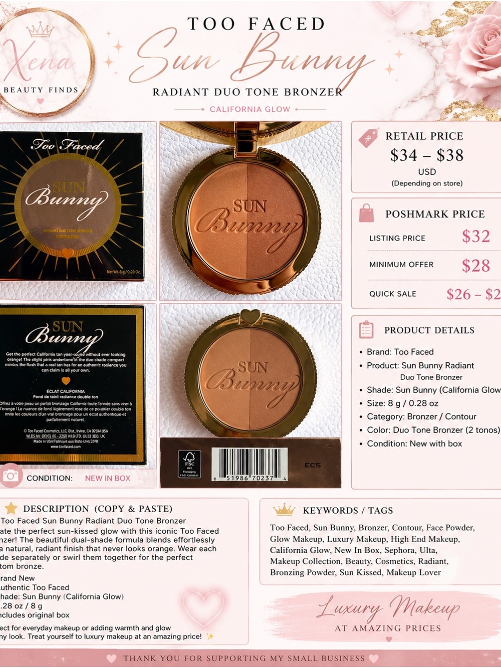 Too Faced Sun Bunny Radiant Bronzer - Bronze & Gold Packaging